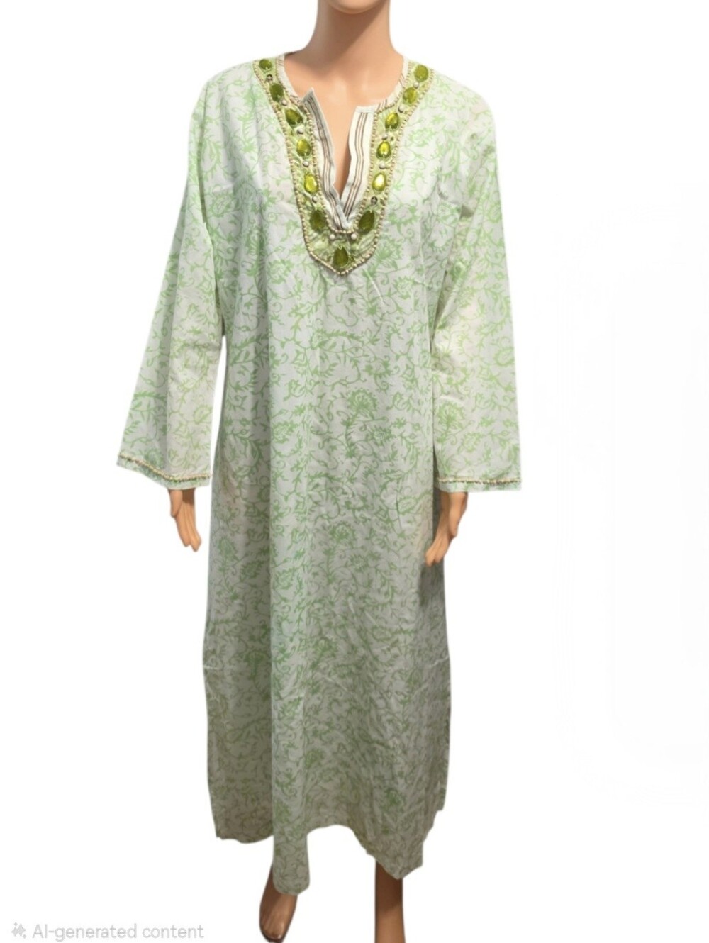 Soft Surroundings Beaded Kaftan Green Bohemian Resortwear Maxi Dress Sz MP